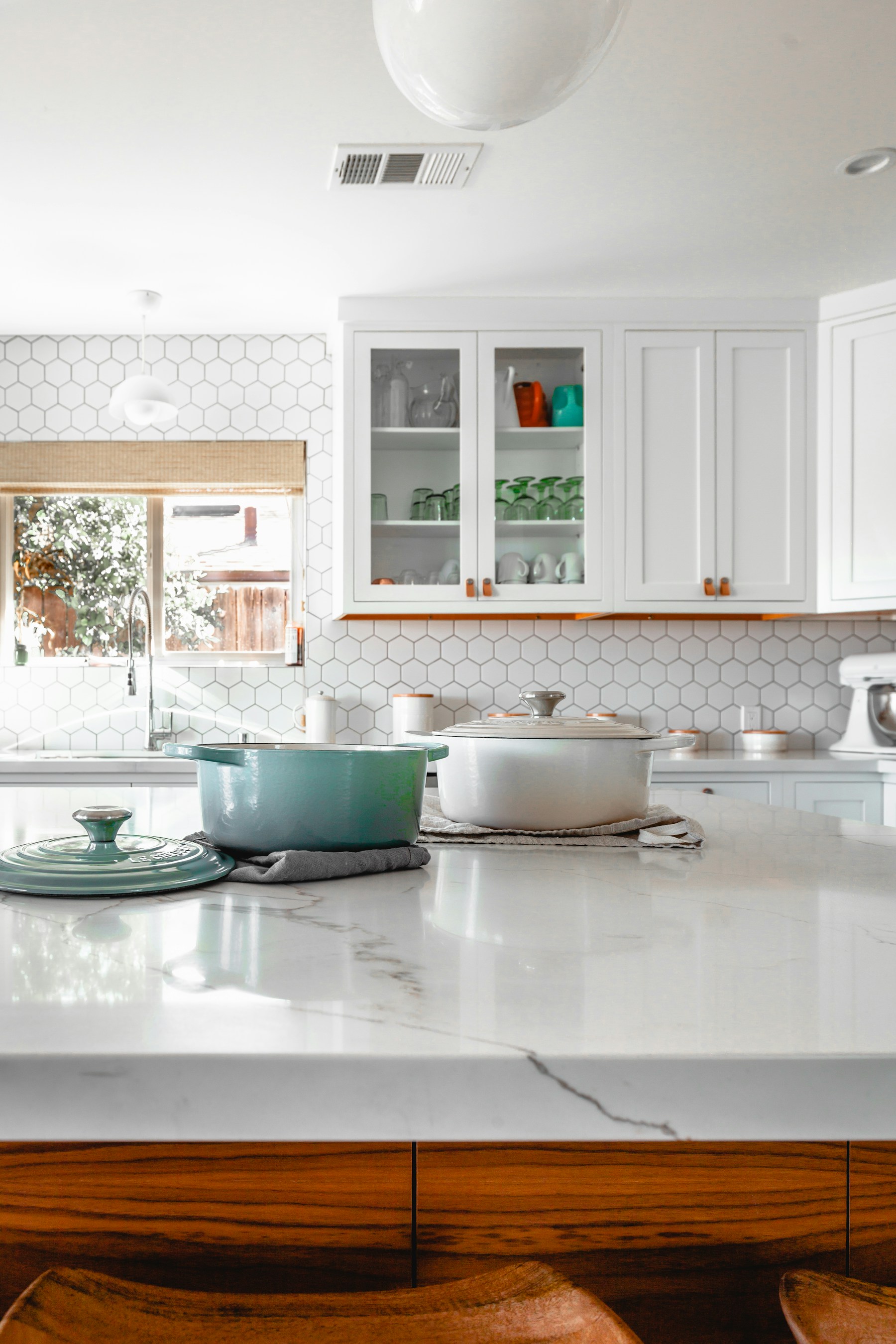 Real kitchen interior with cabinets and countertops