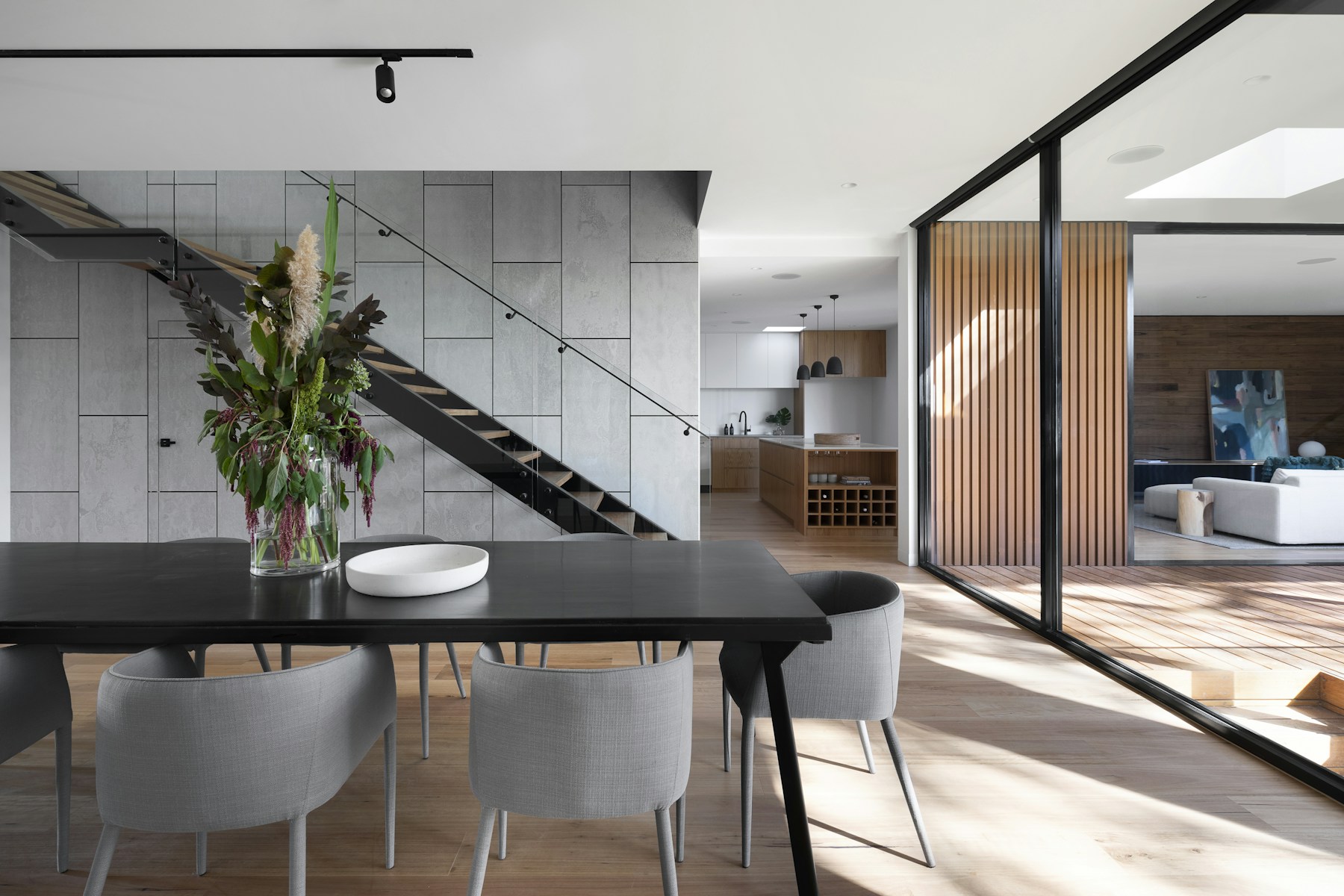 Real kitchen with custom cabinets and open layout